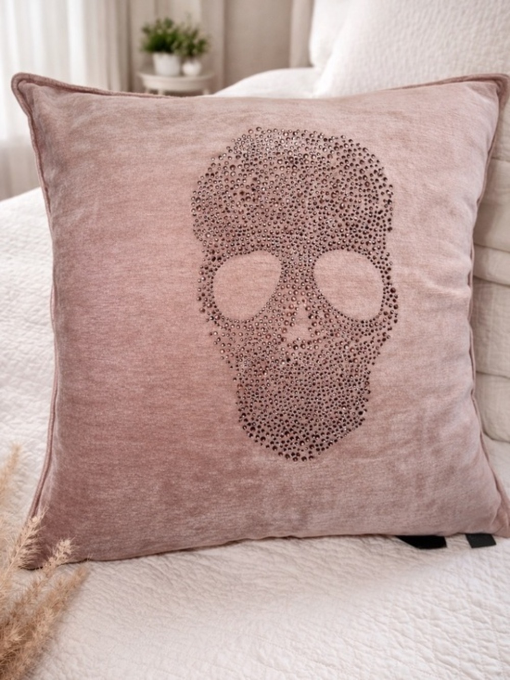 Magaschoni Halloween Blush Pink Velvet Rhinestone Skull Pillow 20x20